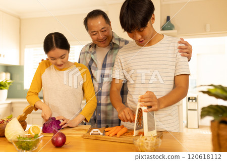 Preparing vegetables, multiracial family cooking together in kitchen, enjoying quality time Preparing vegetables, multiracial family cooking together in kitchen, enjoying quality time 120618112