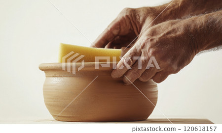 Close-up of potter's hands finishing clay pot with sponge - craftsmanship and artistry 120618157