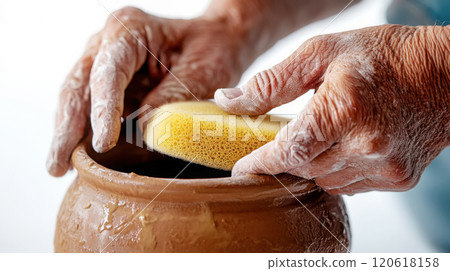 Close-up of potter's hands adding finishing touches to handmade clay pot 120618158