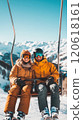 Joyful couple on ski lift embracing winter adventure in scenic mountain landscape 120618161