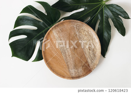 Tropical summer stationery mock-up scene. Empty wooden tray, dark green aralia, monstera leaf with water drops isolated on white table background. Summer styled photo, web banner. Flat lay, top view 120618423