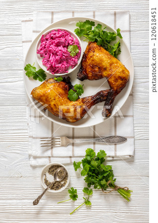 roast chicken leg quarters with a beetroot salad roast chicken leg quarters with a beetroot salad 120618451