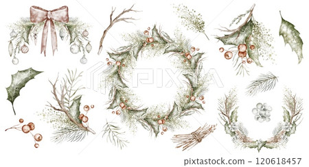 Christmas flowers Watercolor clip-art. Hand drawn Xmas vintage set. Pine fir branches, Holly berry, Wreath, Floral bouquet on an isolated background. Holiday winter collection for print, card. Christmas flowers Watercolor clip-art. Hand drawn Xmas vintage set. Pine fir branches, Holly berry, Wreath, Floral bouquet on an isolated background. Holiday winter collection for print, card. 120618457