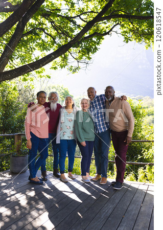 Happy diverse group of senior friends embracing and smiling in sunny garden Happy diverse group of senior friends embracing and smiling in sunny garden 120618547