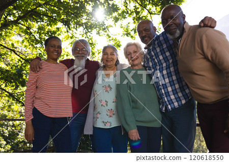 Happy diverse group of senior friends embracing and smiling in sunny garden Happy diverse group of senior friends embracing and smiling in sunny garden 120618550