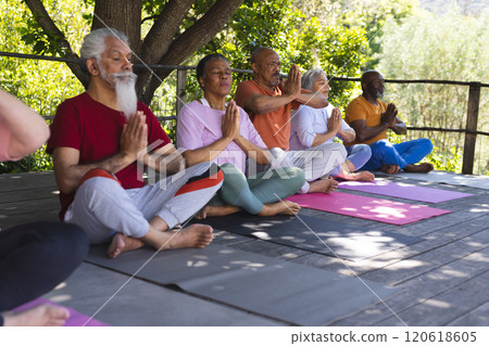 Focused diverse group of senior friends practising yoga in sunny garden, copy space Focused diverse group of senior friends practising yoga in sunny garden, copy space 120618605