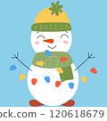 Christmas cute snowmen in hat and scarf with garland. New year illustration 120618679