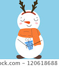 Christmas cute snowmen in scarf with gift. New year illustration. 120618688