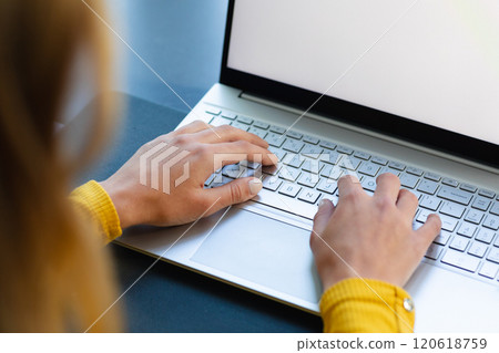 Caucasian woman working from home and using laptop with copy space in sunny room Caucasian woman working from home and using laptop with copy space in sunny room 120618759