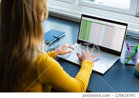 Focused caucasian woman sitting at desk, working from home and using laptop in sunny room Focused caucasian woman sitting at desk, working from home and using laptop in sunny room 120618761