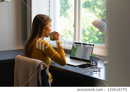 Caucasian woman sitting at desk, working from home with laptop and drinking coffee in sunny room Caucasian woman sitting at desk, working from home with laptop and drinking coffee in sunny room 120618770