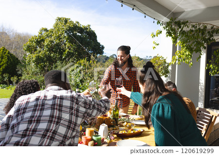 Happy diverse male and female friends toasting during thanksgiving celebration meal in sunny garden 120619299