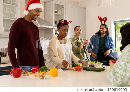 Wearing christmas hats, multiracial friends preparing festive meal in kitchen, spirit, at home Wearing christmas hats, multiracial friends preparing festive meal in kitchen, spirit, at home 120619603