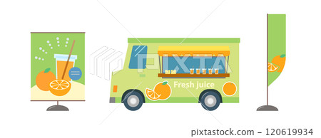 賣橙汁的食品卡車的插圖。透過行動銷售車銷售新鮮果汁的企業。 120619934