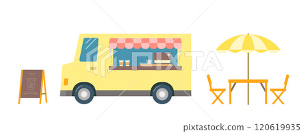 賣咖啡的食品卡車的插圖。一家咖啡館企業,透過移動銷售車銷售飲料。黃色卡車。 賣咖啡的食品卡車的插圖。一家咖啡館企業,透過移動銷售車銷售飲料。黃色卡車。 120619935