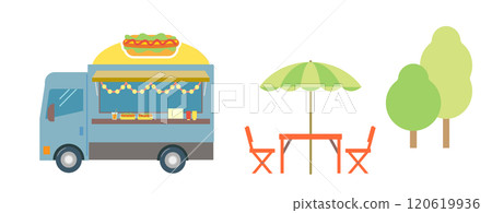 賣熱狗的食品卡車的插圖。透過行動銷售車銷售小吃的咖啡館企業。藍色卡車。 120619936