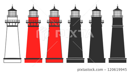 Lighthouse icon symbol shape set. Light house logo sign collection. Navigation Shore light beacon. Vector silhouette illustration. Isolated on white background. Lighthouse icon symbol shape set. Light house logo sign collection. Navigation Shore light beacon. Vector silhouette illustration. Isolated on white background. 120619945