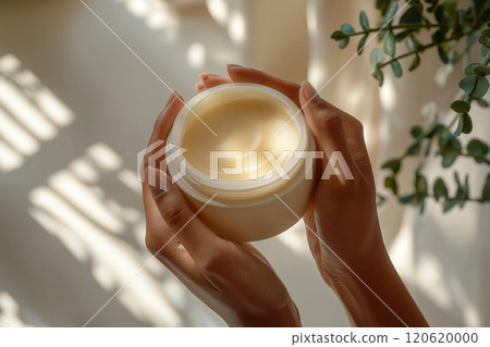Hands holding a jar of creamy moisturizer with soft shadows in background 120620000