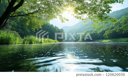 serene river flows through lush greenery, reflecting sunlight beautifully serene river flows through lush greenery, reflecting sunlight beautifully 120620030