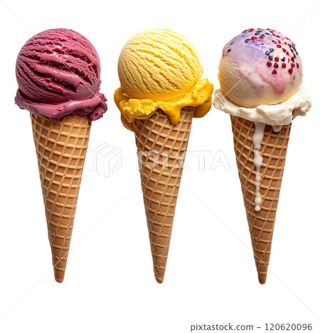 Three Different Flavored Ice Cream Cones with Colorful Toppings on Isolate Background 120620096