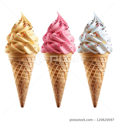 Three Different Flavored Soft Serve Ice Cream Cones with Colorful Sprinkles on  Background Isolate 120620097
