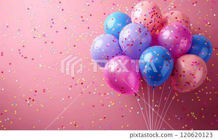 Colorful balloons with confetti on pink background celebration 120620123