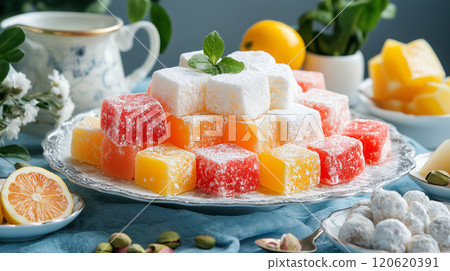 Delightful colorful Turkish delight arranged on silver platter, garnished with mint 120620391