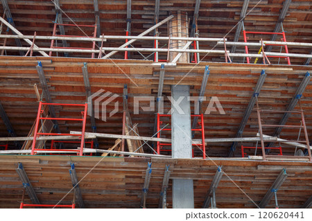Construction site Concrete Building with Wooden Formwork Structure Construction site Concrete Building with Wooden Formwork Structure 120620441