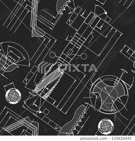 Mechanical engineering drawings on black background. Tap tools, borer. Technical Design. Cover. Blueprint. Seamless pattern. Vector illustration. 120620445