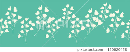 Decorative seamless vintage pattern in classic style with flowers and branches. Silhouettes of flowers, Two-color horizontal ornament in pastel colors, border 120620458
