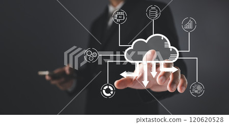 man touch cloud computing diagram show on hand. Data storage.Cloud technology.Secure backup Networking and internet service concept.Implementation storage technology in business. IT support. 120620528
