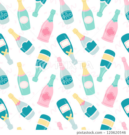 Seamless pattern with champagne bottles in pastel colors in cute cartoon flat style. Isolated on white. Valentine day, wedding, party, bachelorette party background. Vector illustration Seamless pattern with champagne bottles in pastel colors in cute cartoon flat style. Isolated on white. Valentine day, wedding, party, bachelorette party background. Vector illustration 120620546