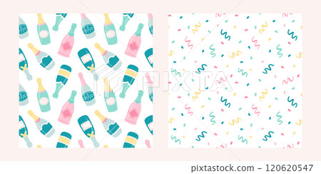 Seamless patterns set of champagne bottles and confetti in pastel colors in cute cartoon flat style. Isolated on white. Valentine day, wedding, party, bachelorette party backgrounds. Vector illustrati Seamless patterns set of champagne bottles and confetti in pastel colors in cute cartoon flat style. Isolated on white. Valentine day, wedding, party, bachelorette party backgrounds. Vector illustrati 120620547