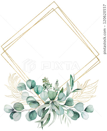 Golden frame with green watercolor leaves, isolated wedding illustration, copy space 120620557