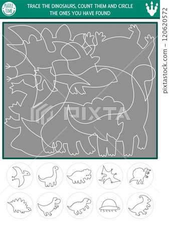 Dinosaur tracing, shape and line recognition activity with ancient animals. Prehistoric puzzle with white T-rex, stegosaur, triceratops contours. Find and circle correct silhouette printable worksheet 120620572
