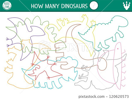 Dinosaur tracing, shape recognition, math activity with animals. Prehistoric puzzle with colored T-rex, stegosaur, triceratops contours. How many silhouettes printable worksheet for kids Dinosaur tracing, shape recognition, math activity with animals. Prehistoric puzzle with colored T-rex, stegosaur, triceratops contours. How many silhouettes printable worksheet for kids 120620573