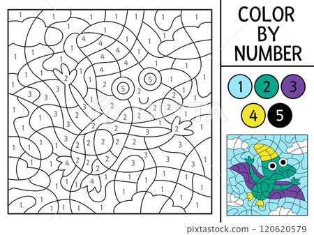 Vector dinosaur color by number activity with little baby pterosaur. Prehistoric landscape scene. Black and white counting game with ancient animal. Coloring page, mosaic painting for kids Vector dinosaur color by number activity with little baby pterosaur. Prehistoric landscape scene. Black and white counting game with ancient animal. Coloring page, mosaic painting for kids 120620579