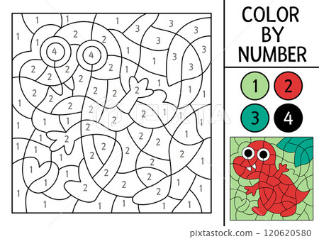Vector dinosaur color by number activity with little baby tyrannosaur. Prehistoric landscape scene. Black and white counting game with ancient animal. Coloring page, mosaic painting for kids Vector dinosaur color by number activity with little baby tyrannosaur. Prehistoric landscape scene. Black and white counting game with ancient animal. Coloring page, mosaic painting for kids 120620580