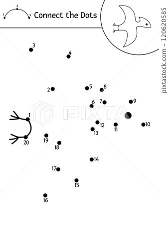Vector black and white dot-to-dot and color activity with pterosaur. Dinosaur connect the dots game, coloring page. What join the dot printable worksheet with pterodactyl. Prehistoric line puzzle 120620585