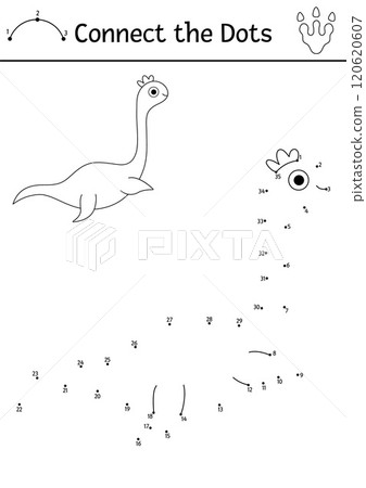 Vector black and white dot-to-dot and color activity with plesiosaur. Dinosaur connect the dots game, coloring page. What join the dot printable worksheet with plesiosaurus. Prehistoric line puzzle 120620607
