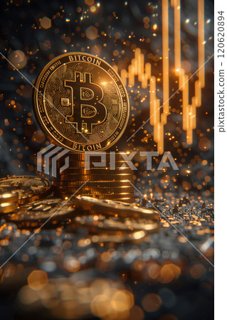 Selective focus of 3D rendering of a golden bitcoin coin on a background. 120620894