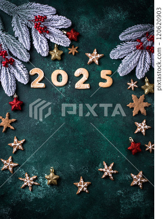 Festive New Year cookies in shape of 2025 Festive New Year cookies in shape of 2025 120620903