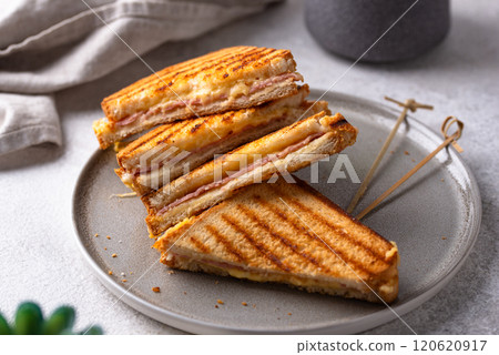 Grilled sandwich with ham and melted cheese 120620917