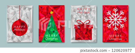 Set Christmas card in modern minimalist geometric low poly style, red and white paper backgrounds, elements for calendar and greetings cards or Happy New Year themed winter holiday invitations  120620977