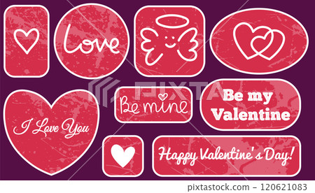 Cute red and white Happy Valentine's day stickers with greeting slogans and hearts. Textured grunge holiday badges with love symbols. Cute red and white Happy Valentine's day stickers with greeting slogans and hearts. Textured grunge holiday badges with love symbols. 120621083