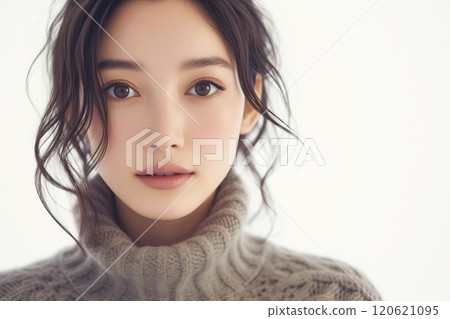 AI-generated image of a beautiful woman wearing a knitted sweater 120621095