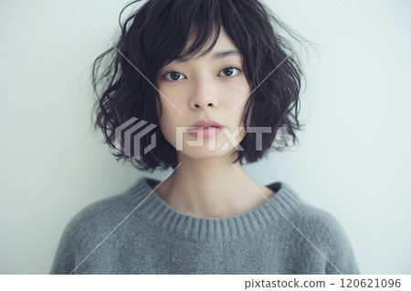 AI-generated image of a beautiful woman wearing a knitted sweater 120621096