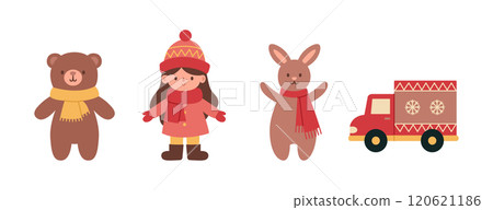 Children toys set with bear, doll, rabbit and car. Gifts from Santa Claus for boy and girl. Winter toys for kids. Vector flat illustration isolated on white background 120621186