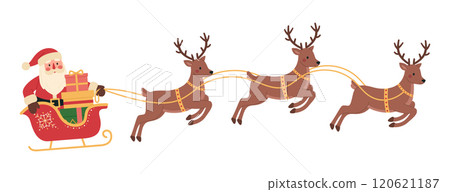 Santa Claus in red sleigh with colorful gift boxes rides on reindeer. Xmas character with sledge, presents and deers. Christmas and New Year celebration. Vector flat illustration isolated on white 120621187
