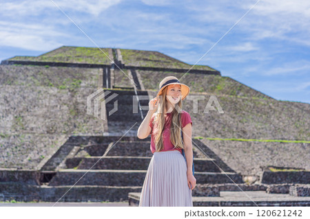 Female tourist exploring Teotihuacan, Mexico. Cultural heritage, ancient ruins, and archaeological adventure concept 120621242